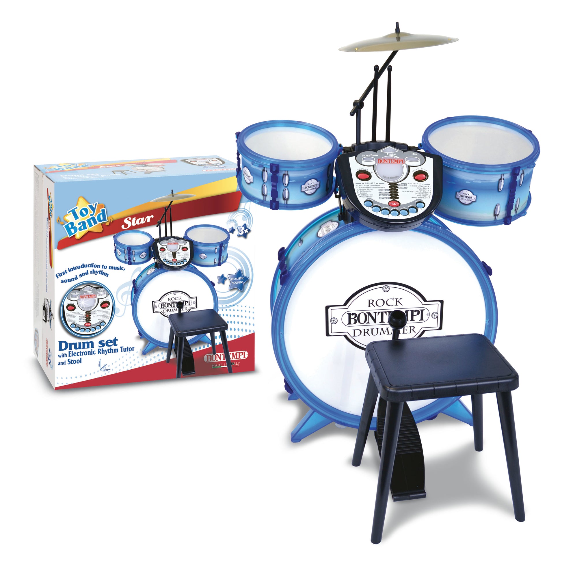 Bontempi Schlagzeug-Set – 50 × 68 × 50 cm – 4 Modi, 14 Lieder, 3 × AA – ab 3 J. – Kunststoff, blau