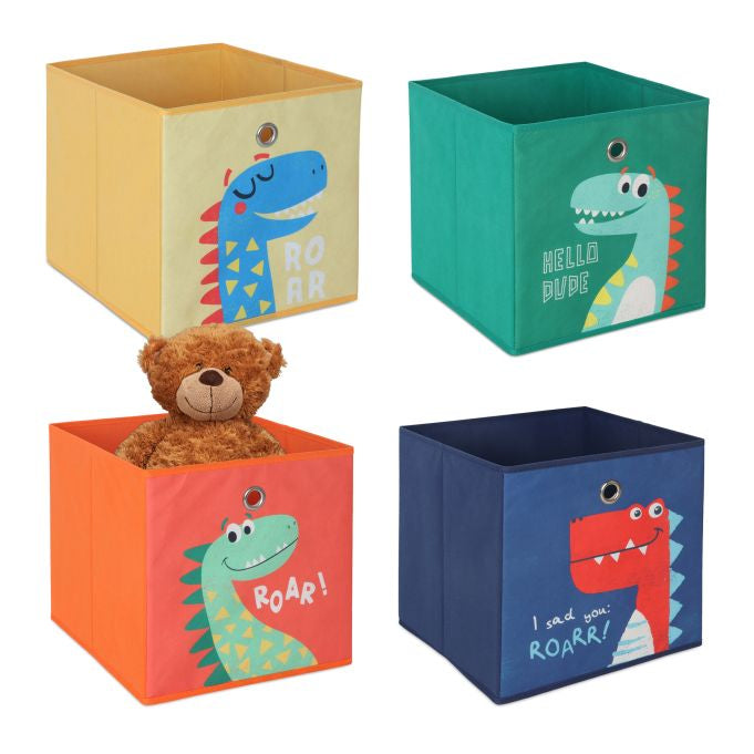 Relaxdays Aufbewahrungsbox Dinosaurier – ohne Deckel – mehrfarbig (blau, grün, gelb, orange) – Set 4-teilig –