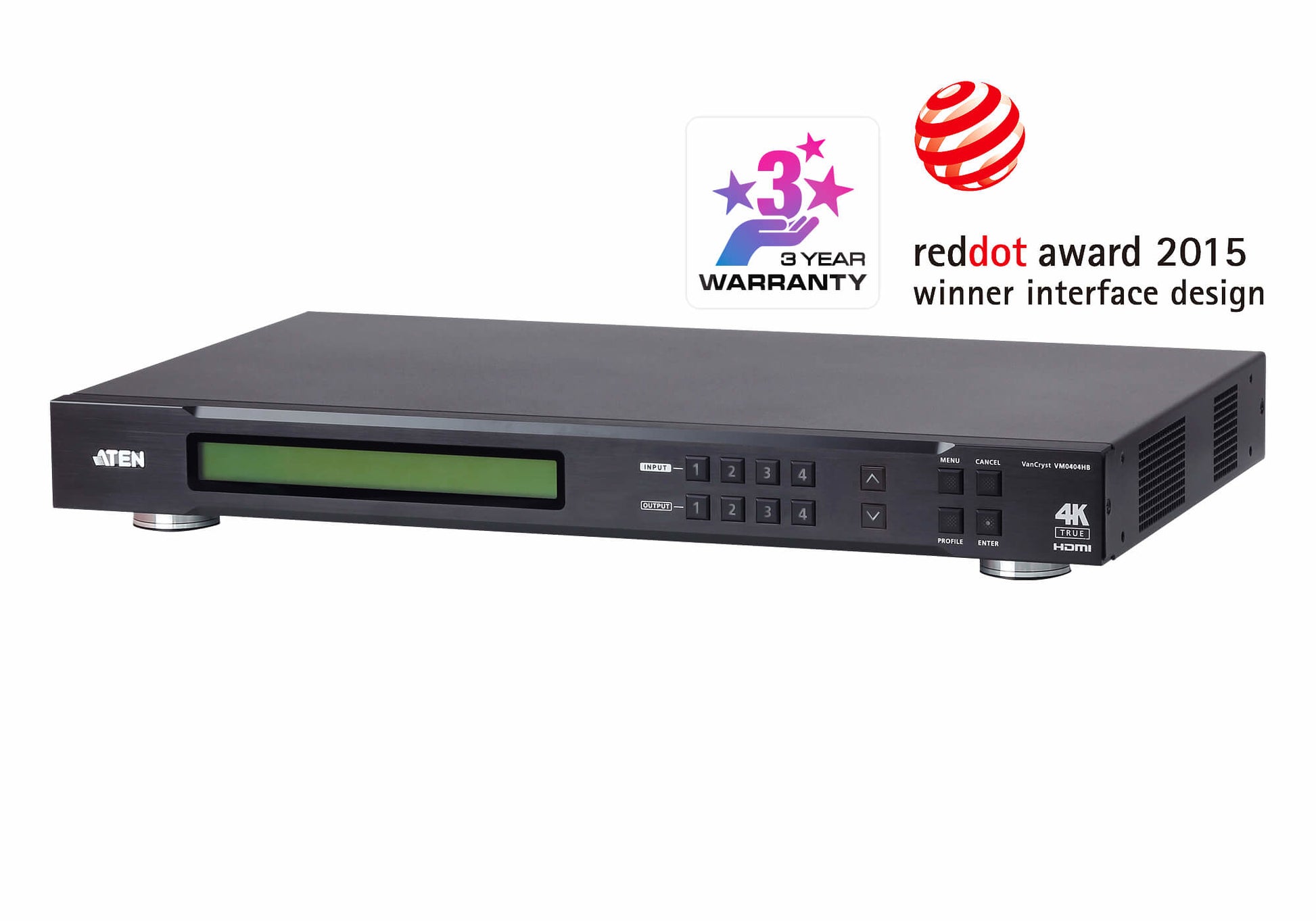 ATEN 4×4 True 4K – AV-Matrix-Umschalter – 18 Gbit/s, 600 MHz – Schwarz, Metall