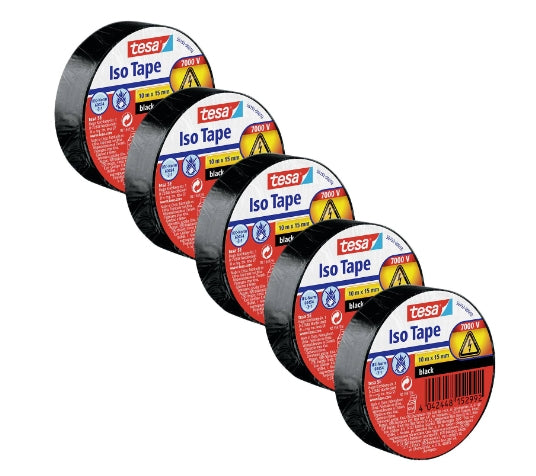 TESA 56192 Elektro-Isolierband – 15 mm × 10 m, schwarz, PVC, isolierend, 5 Stück