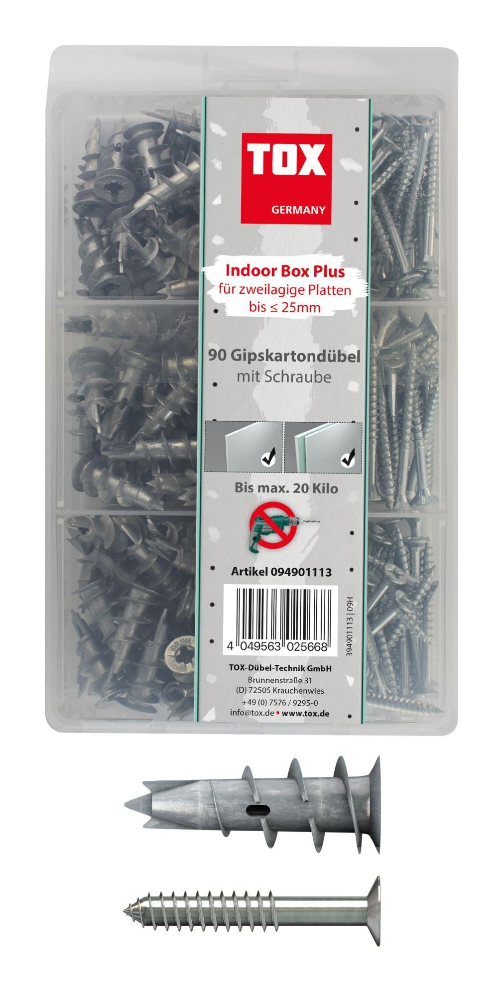 TOX Dübel TOX Gipskartondübel Indoor Box Plus – 25 mm, Grau/Silber, Box