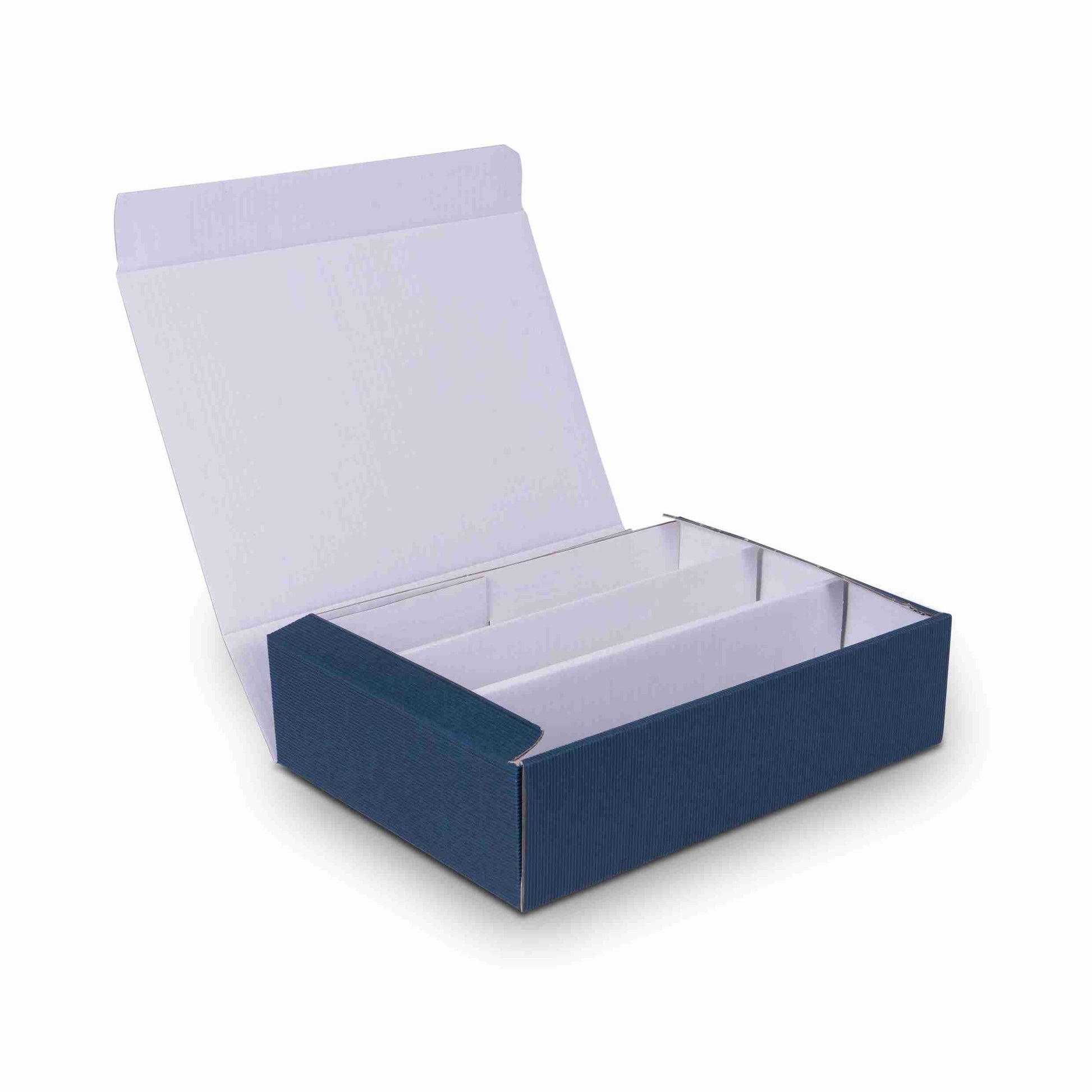 Weinpräsentkarton dunkelblau – Innenmass 250 × 360 × 90 mm – offene Welle – für 3 Flaschen – 1 Palette (500 Stk.)