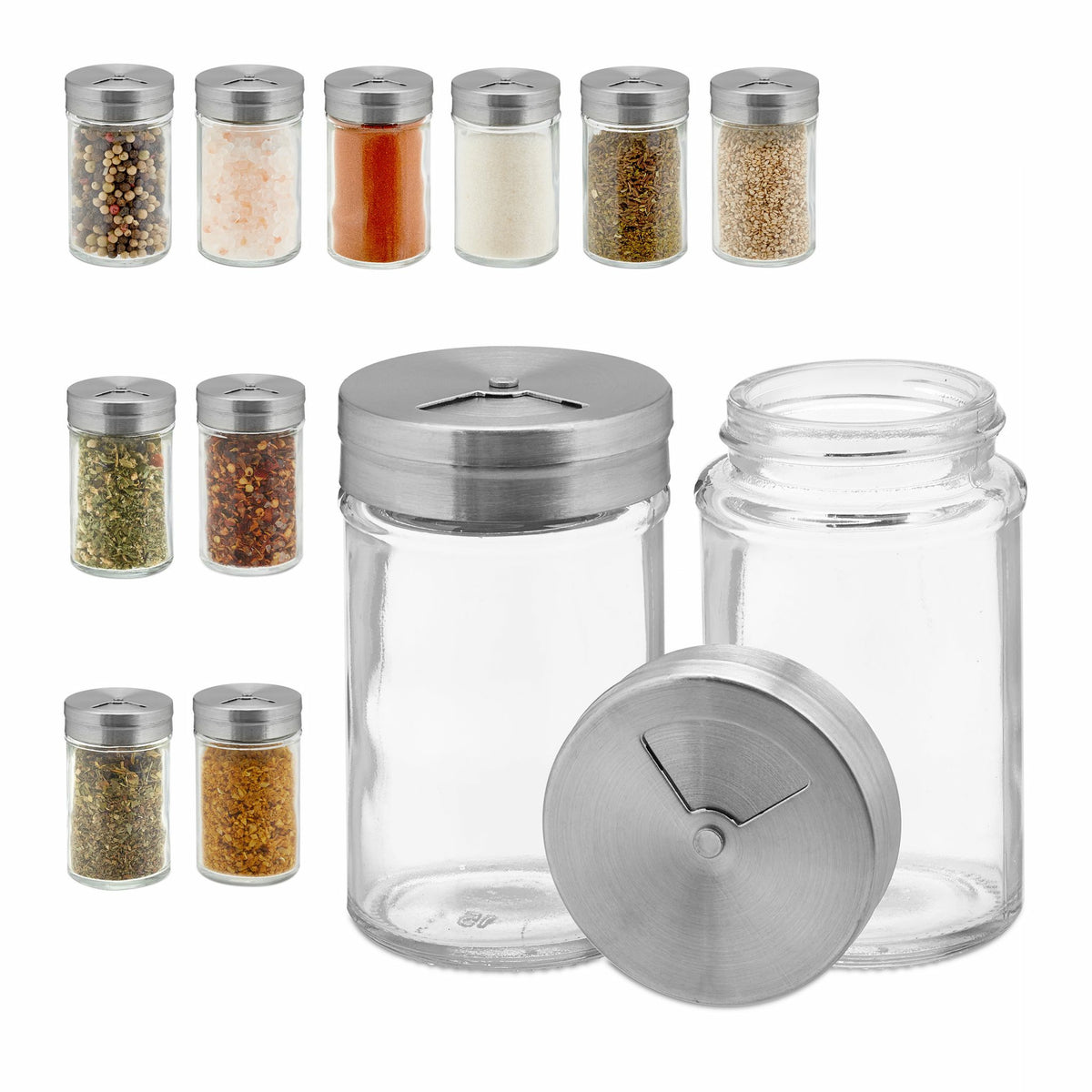 Relaxdays Streudose 90 ml, Ø 5 × 8,5 cm, Glas/Edelstahl/Kunststoff, transparent/silber