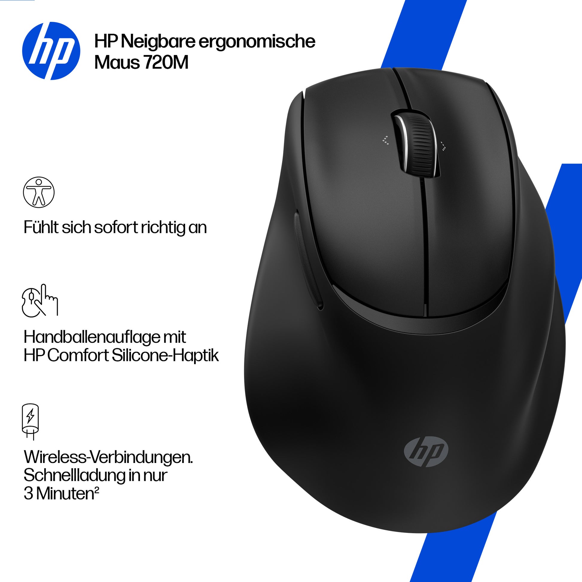 HP Tilt Ergonomische 720M – Maus – Kabellos (Bluetooth/2,4 GHz), Rechts, Schwarz