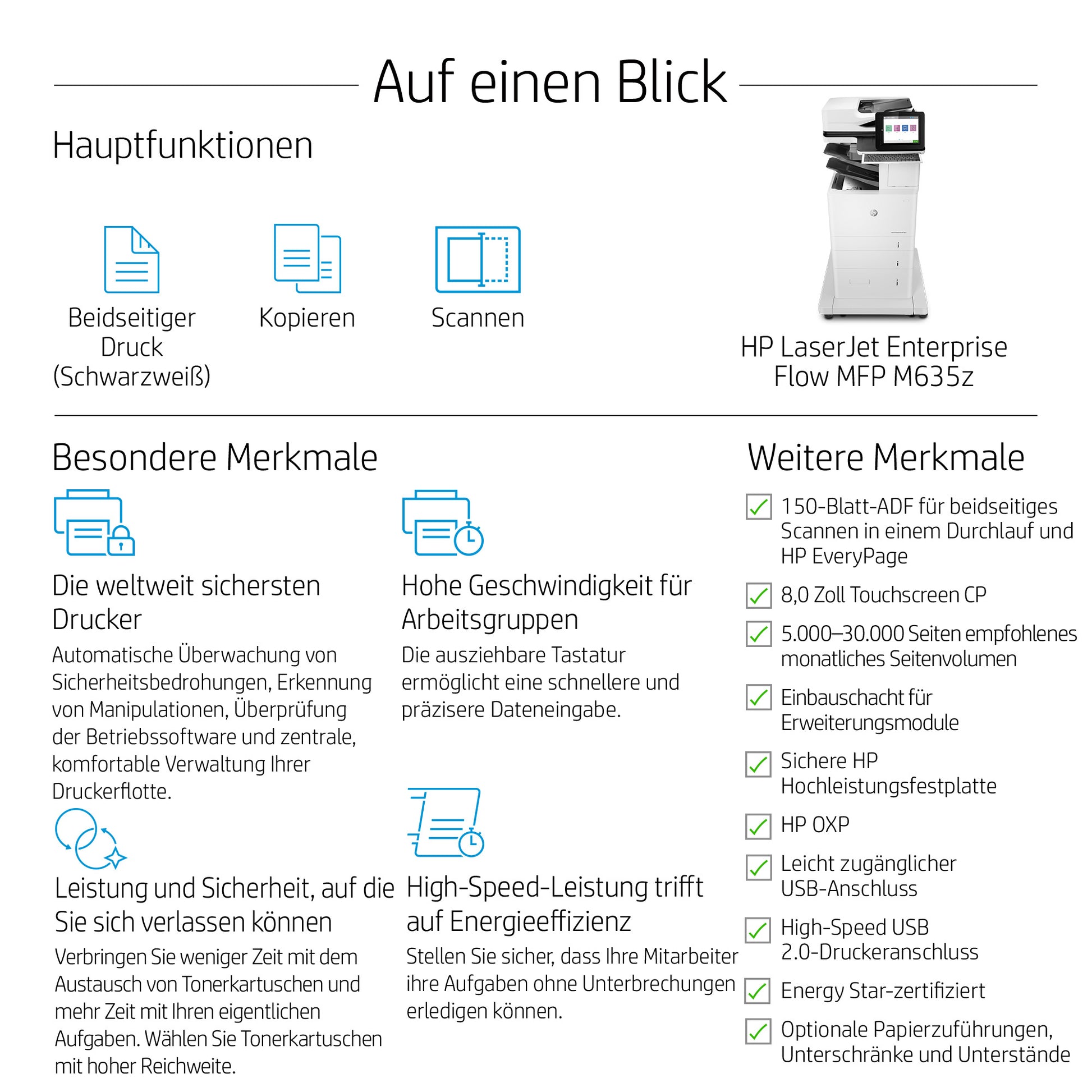 HP LaserJet Enterprise Flow MFP M635z – SW-Laser-Multifunktionsdrucker, A4, 4-in-1, Duplex, ADF, WLAN/LAN
