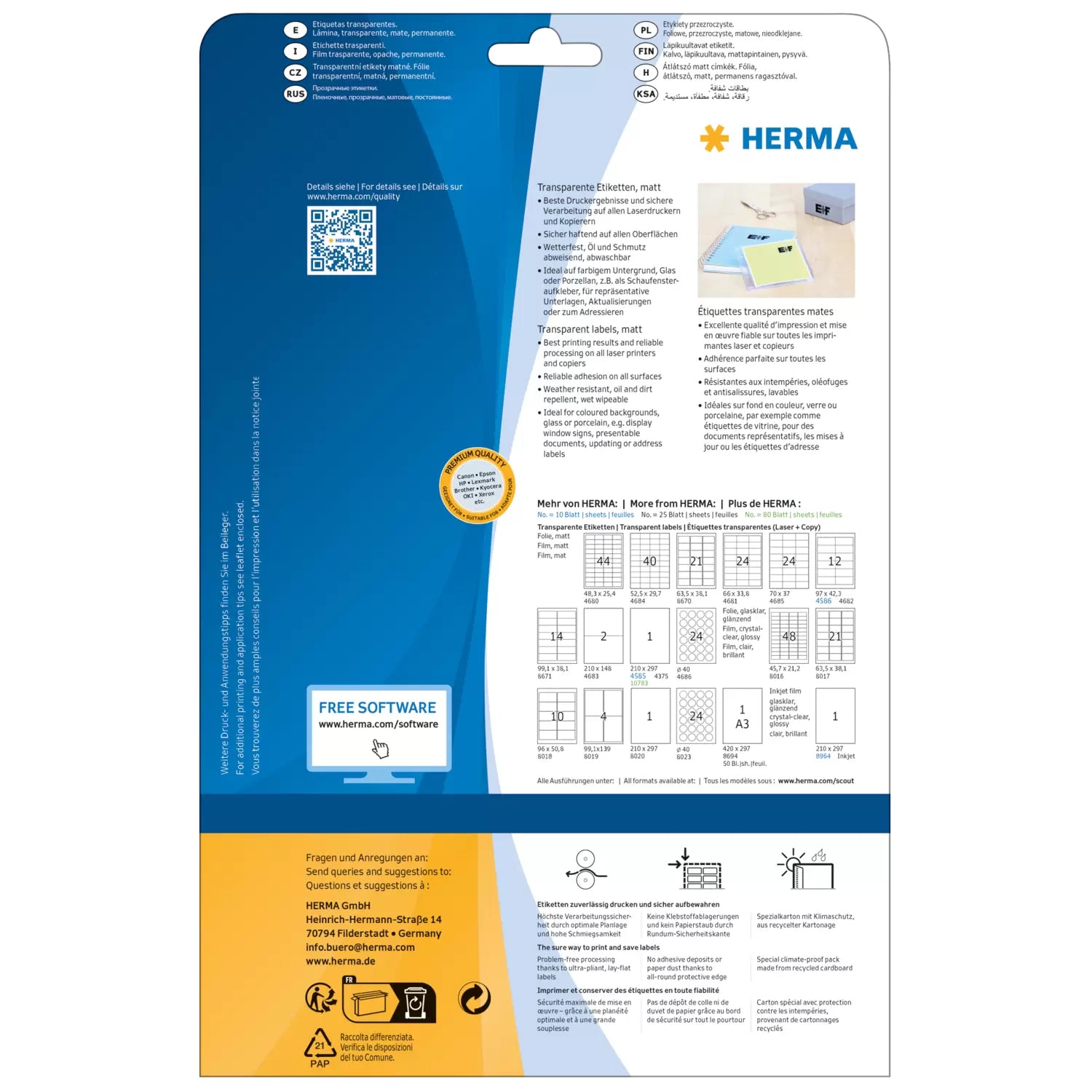 HERMA Drucketiketten, 52,5 mm × 29,7 mm, transparent, Folie, permanent, 25 Blätter (1000 Etiketten)