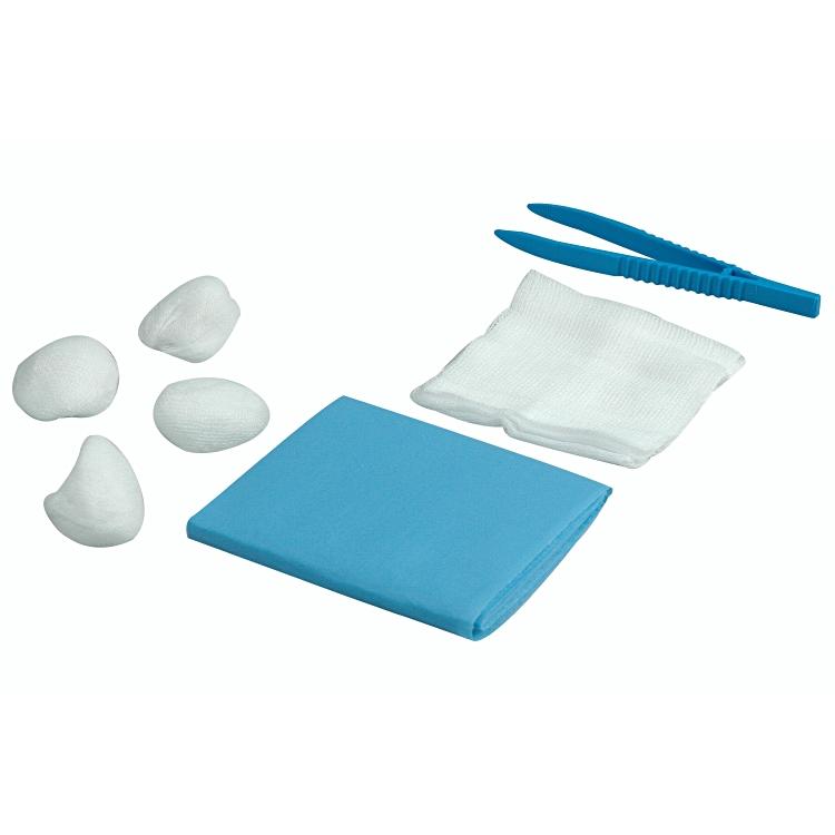 Medical device Erste-Hilfe-Set – 4 Mulltupfer, Kompresse 75 × 75 mm, Abdecktuch 33 × 45 cm, Pinzette blau