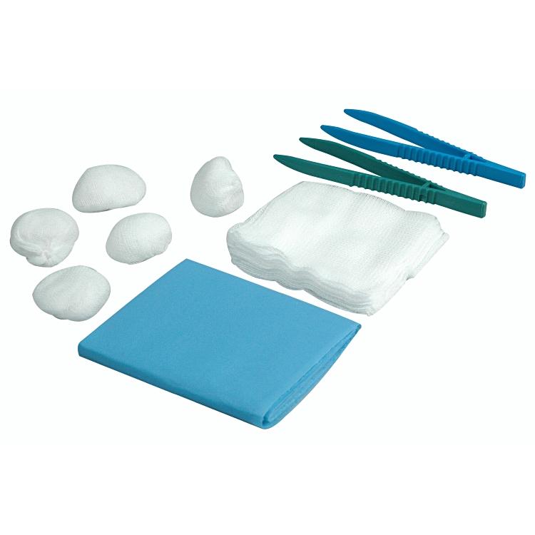 Medical device Erste-Hilfe-Set – 5 Mulltupfer, 5 Kompressen 75 × 75 mm, Abdecktuch 330 × 450 mm, 2 Pinzetten (grün/blau)