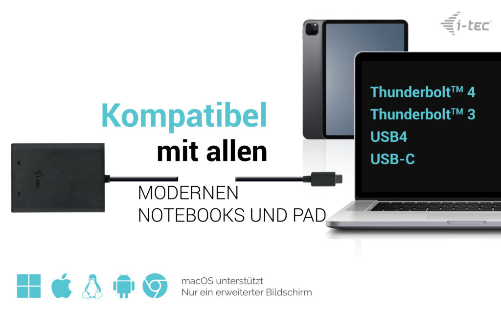 i-tec USB-C zu 2× DisplayPort Adapter – 2× 4K (3840 × 2160) @ 60 Hz / 8K (7680 × 4320) @ 30 Hz, 0,3 m, Schwarz