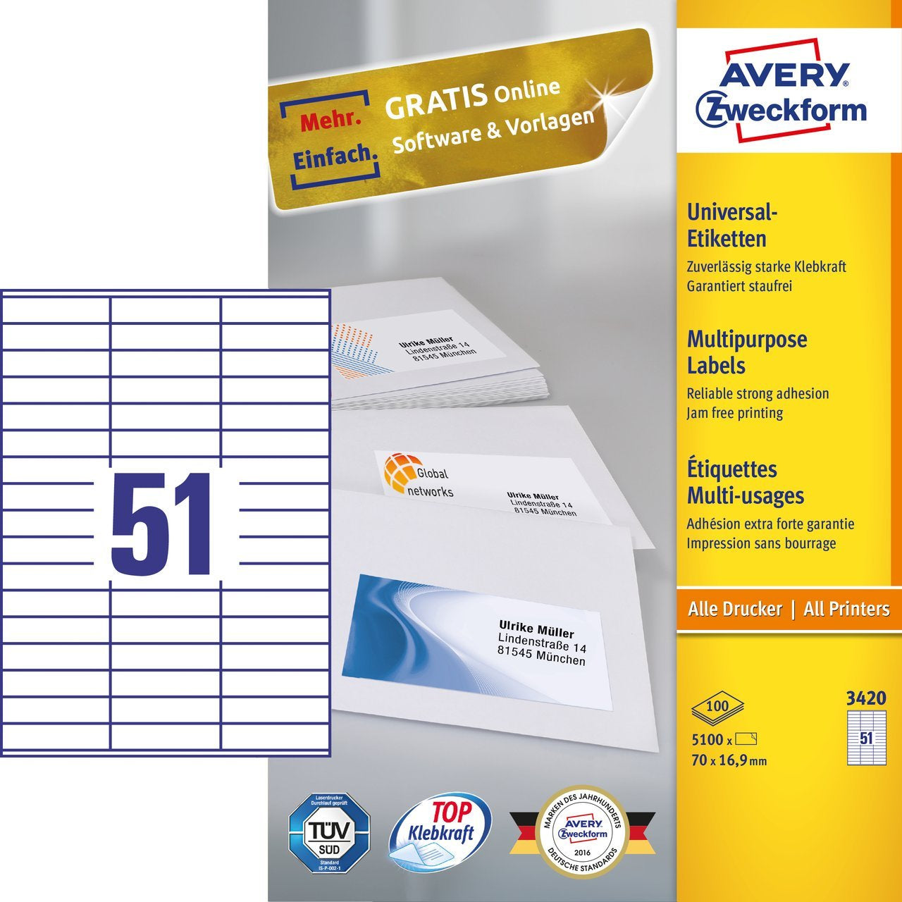 Avery UltraGrip Bogenetiketten, 70 mm × 17 mm, weiss, Papier, permanent, 100 Blatt (5'100 Etiketten)