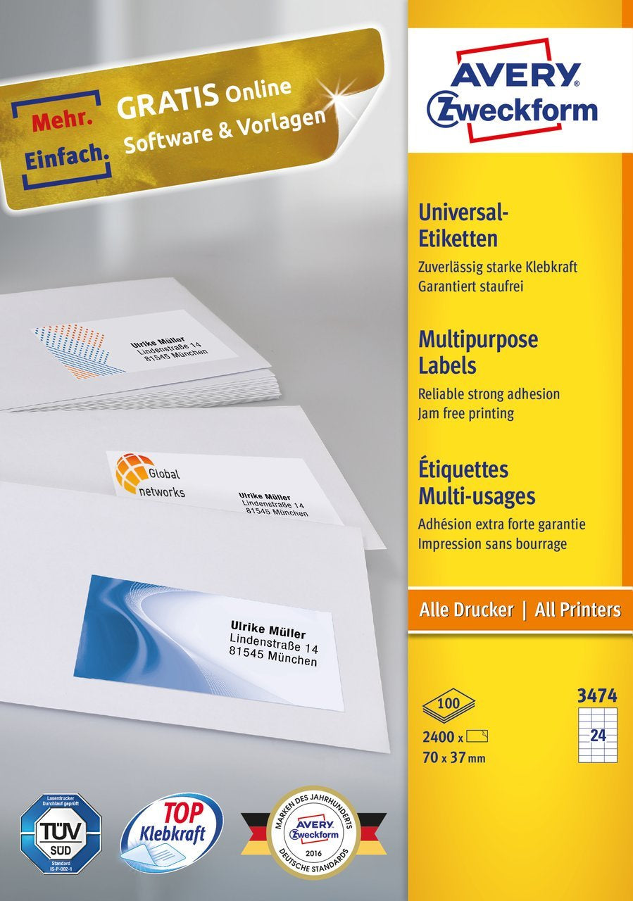 Avery Zweckform – Haftetiketten, 70 mm × 37 mm, weiss, Papier, permanent, 2400 Stk. (100 Blatt)