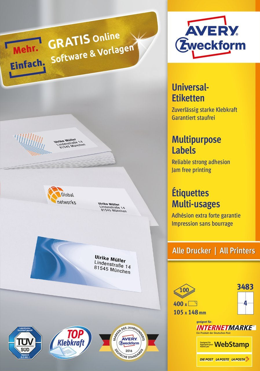 AVERY ZWECKFORM Schuletiketten – 105 × 148 mm, 400 Stk, 100 Bogen, Papier, permanent haftend