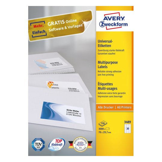 Avery Druckeretiketten, 70 mm × 30 mm, weiss, Papier, permanent, 100 Blatt (3000 Etiketten)