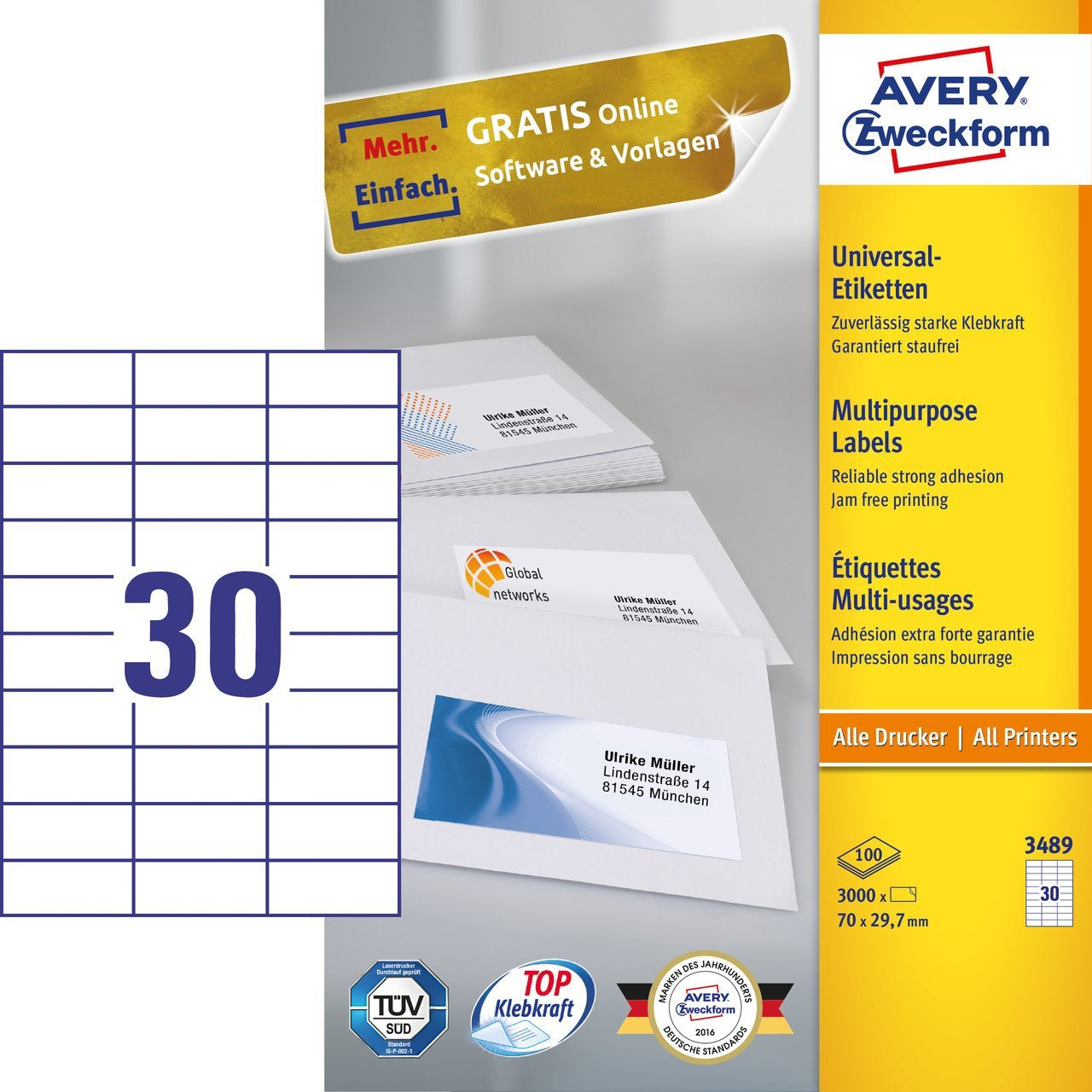 Avery Zweckform – Haftetiketten 3489, 70 mm × 30 mm, weiss, Papier, permanent, 3'000 Stk. (100 Blatt)