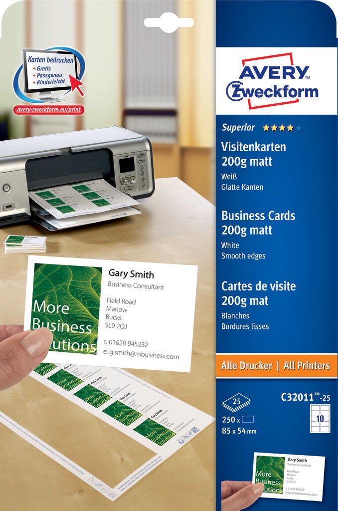 Avery Zweckform Visitenkarten, 85 × 54 mm, 200 g/m² – für Laser/Inkjet – A4, 10 pro Blatt – 250 Karten