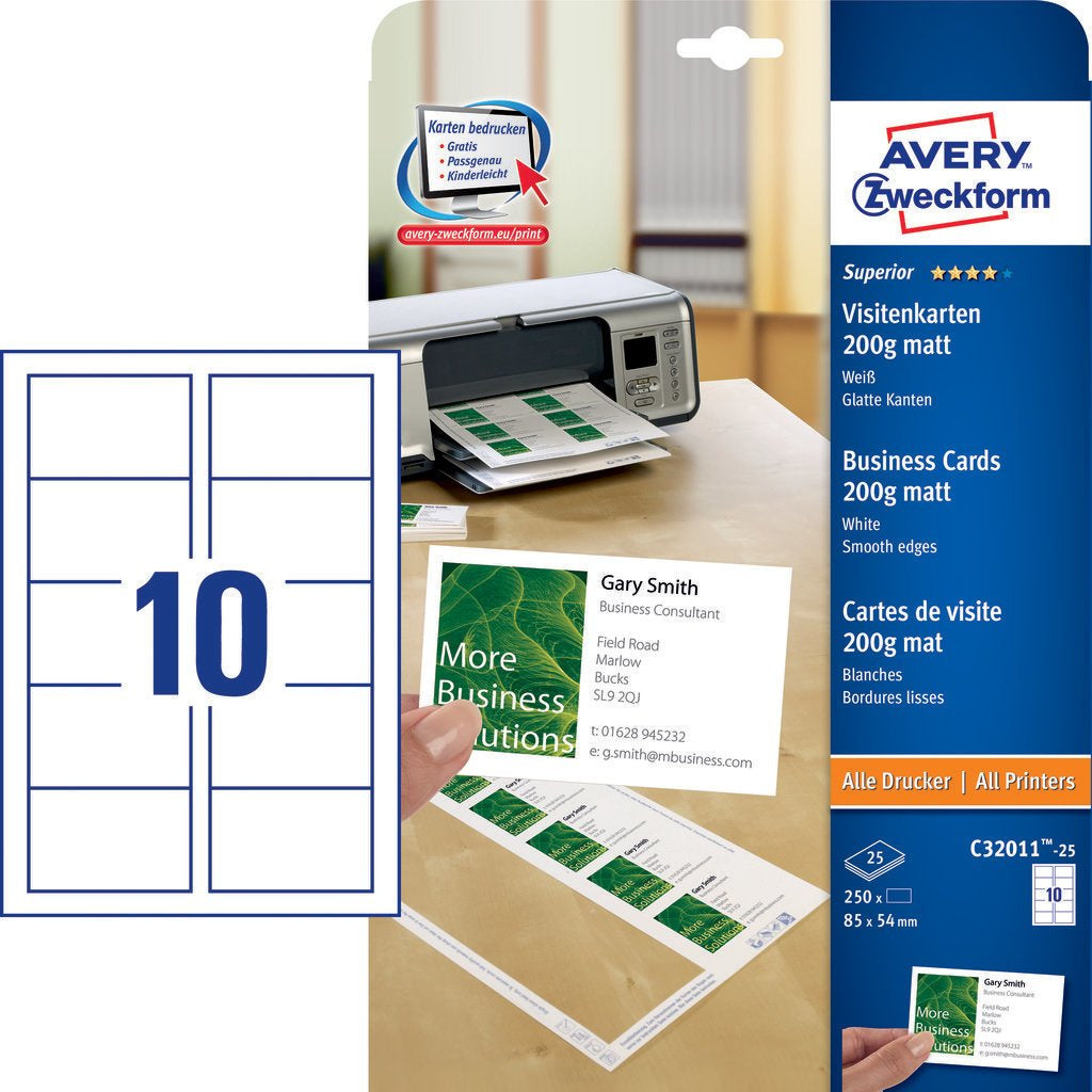Avery Zweckform Visitenkarten, 85 × 54 mm, 200 g/m² – für Laser/Inkjet – A4, 10 pro Blatt – 250 Karten