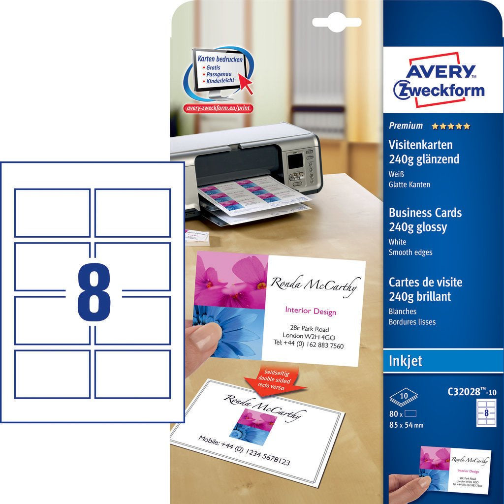 Avery Zweckform Visitenkarten – 85 × 54 mm, 240 g/m², für Inkjet, schnittglatt (ohne Perforation), 80 Karten