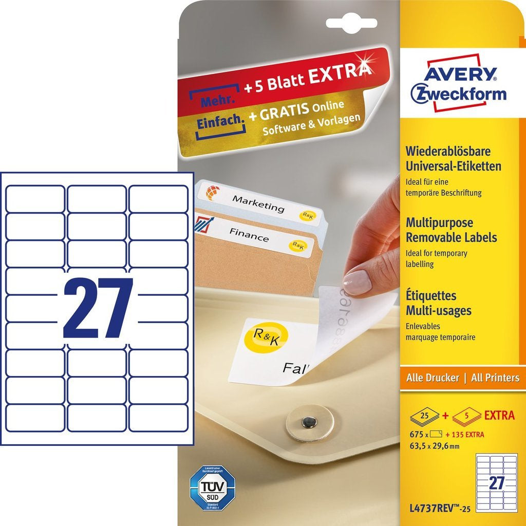 Avery Etiketten auf Bogen, 64 mm × 30 mm, weiss, Papier, wiederablösbar, 810 Etiketten (30 Blatt)