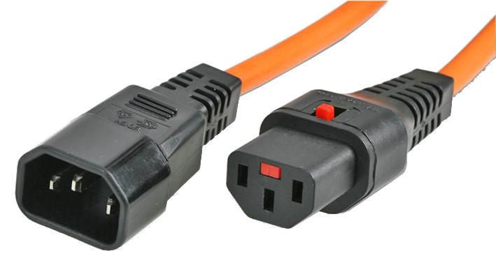 IEC LOCK Netzkabel – IEC C14 zu IEC C13, 3 m, 10 A, Orange, Verriegelbarer C13