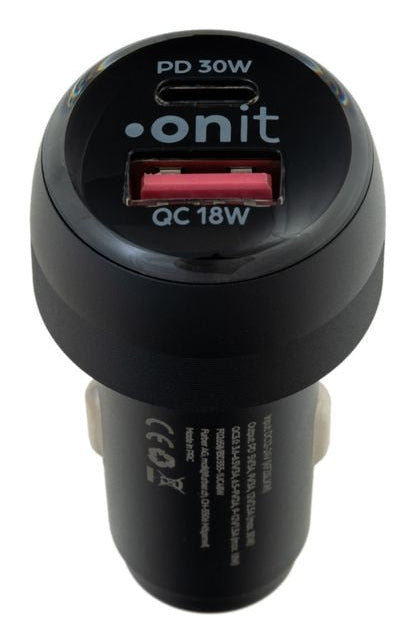 ONIT F02658 Auto-Ladegerät 48 W – USB-C×1 (30 W), USB-A×1 (18 W) – PD 3.0, QC 3.0 – für 12–24 V Fahrzeuge, schwarz