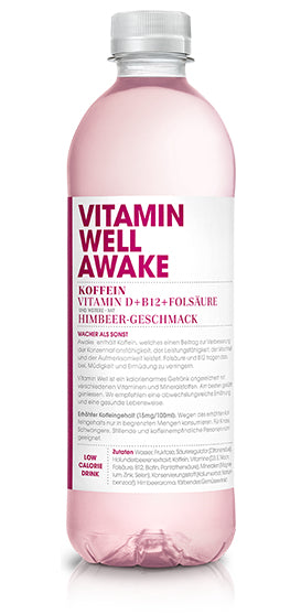 Vitamin Well Vitaminwasser Awake, Himbeere, koffeinhaltig – 12 × 5 dl
