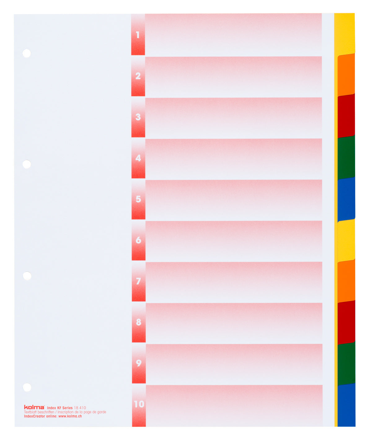 KolmaFlex XL Register – A4, 10-teilig, PP, farbig, unbedruckt, mit Indexblatt, 4-fach gelocht, für A4