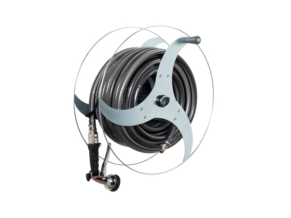 Alba-Krapf Wandschlauchhalter 50 m – wandmontiert, manuell, Stahl, B 427 × H 427 × T 215 mm, für Ø 13/16/19 mm