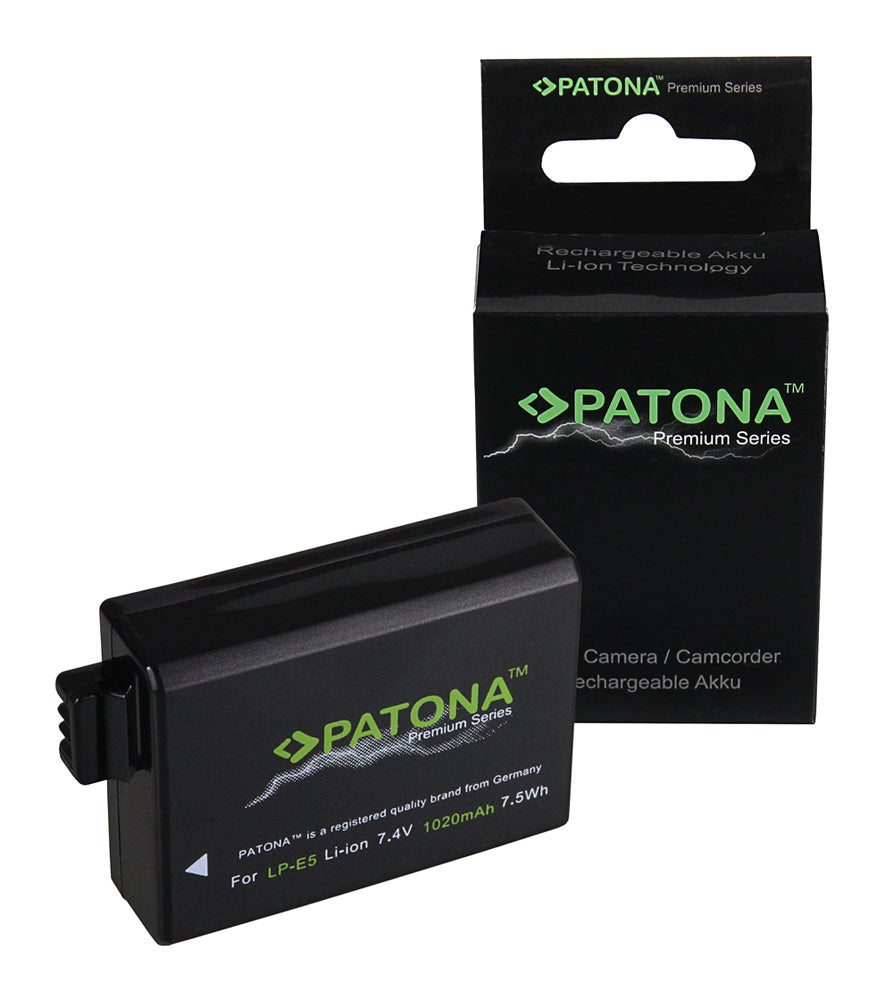 PATONA Premium Akku LP-E5 – 1020 mAh, 7,4 V – für Canon EOS 1000D, EOS 450D, EOS 500D – Schwarz