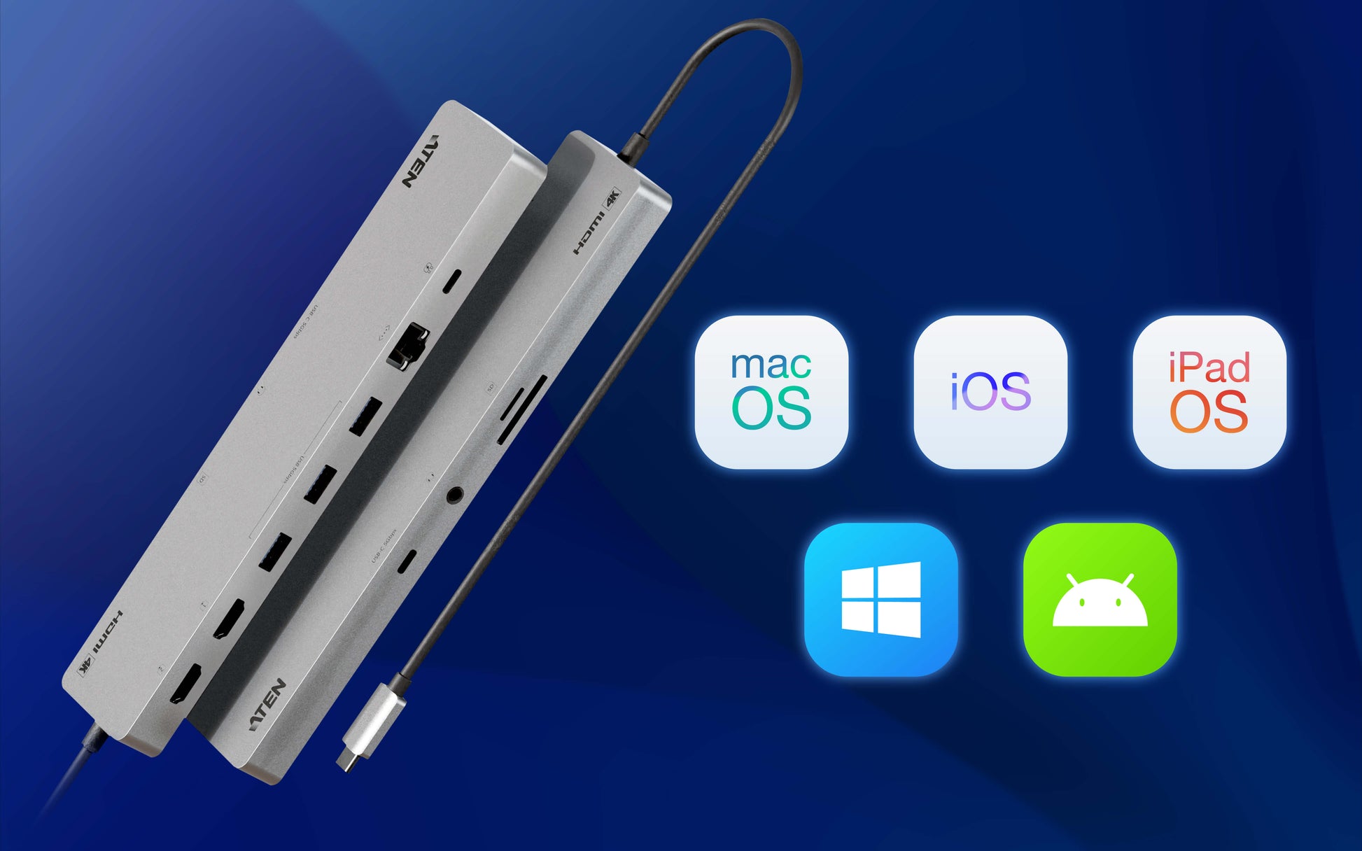 ATEN UH3240 Dockingstation – USB-C, 2× HDMI, 3× USB-A, 100 W PD, GbE, SD/microSD, für Windows/Mac/iPadOS