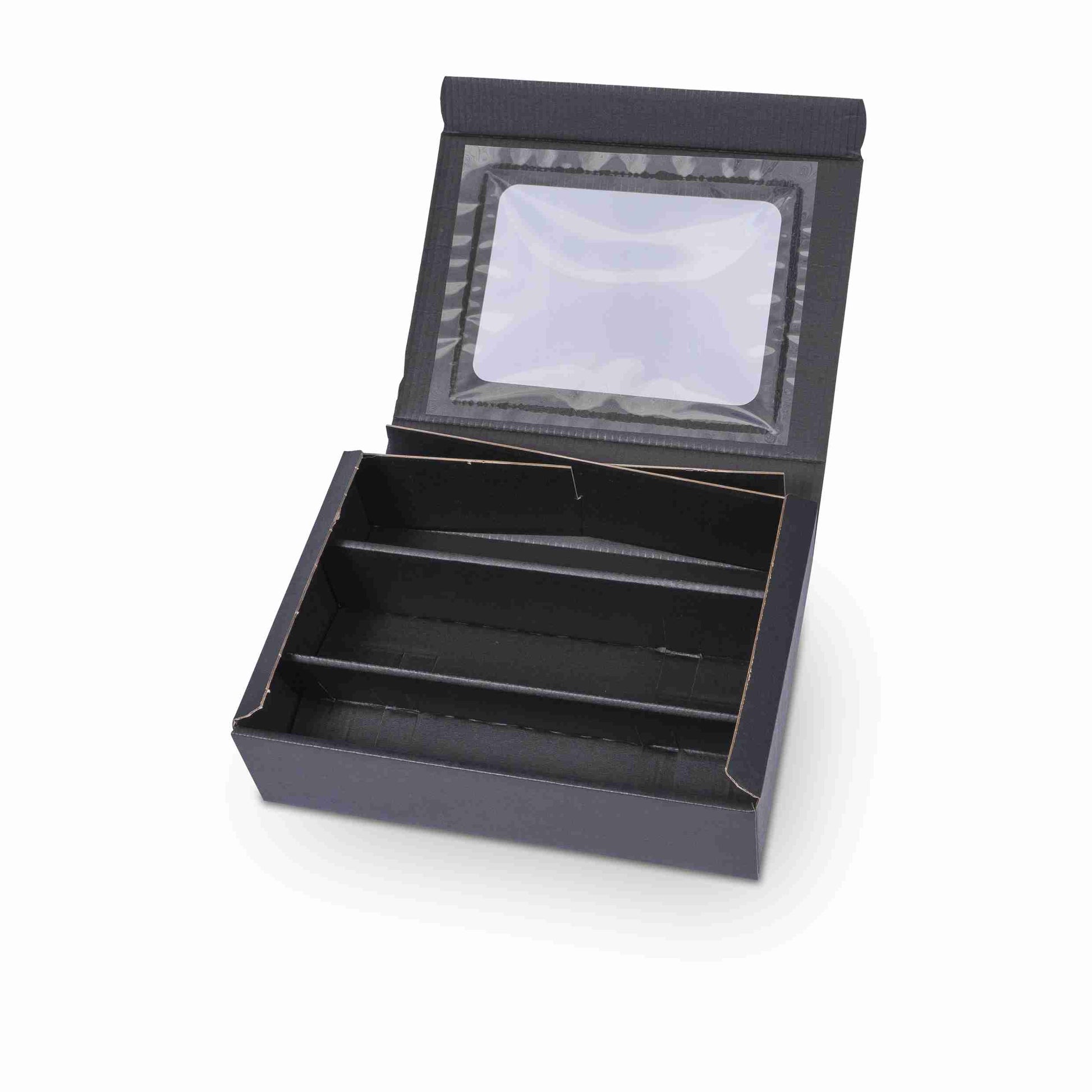 Model Weinpräsentkarton schwarz – Innenmass 250 × 360 × 90 mm – mit Sichtfenster – für 3 Flaschen – 1 Palette (500 Stk.)