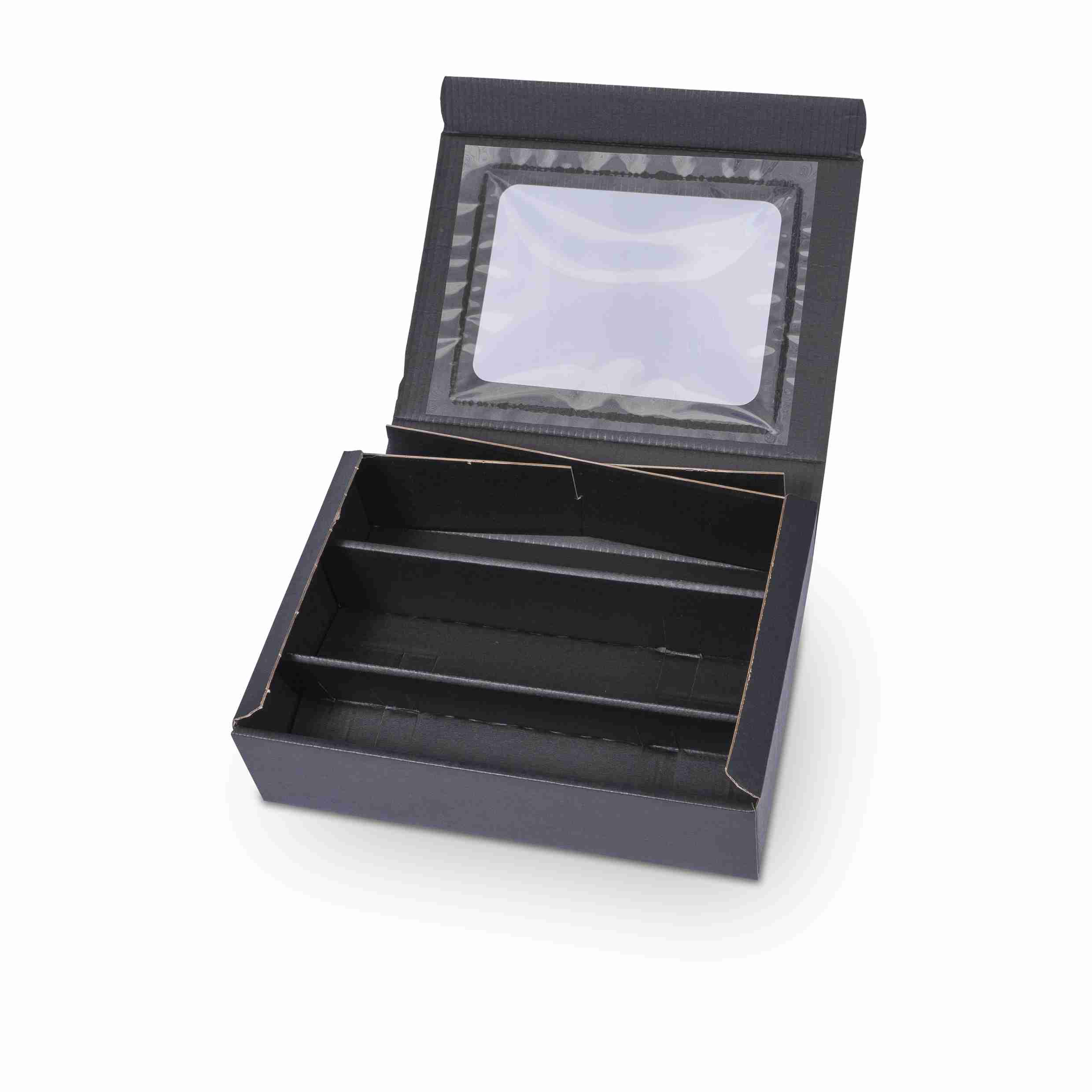 Model Weinpräsentkarton Wellpappe schwarz – Innenmass 250 × 360 × 90 mm – für 3 Flaschen – 1 Stk., ab 50 Stk.