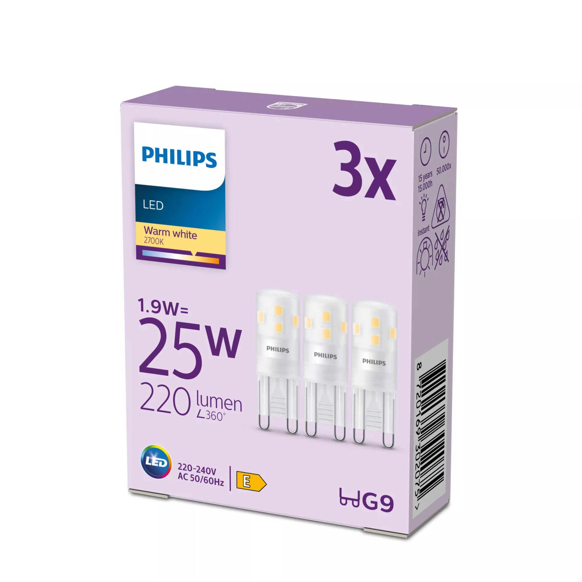 Philips by Signify Philips LED-Leuchtmittel G9 Kapsel – Warmweiss 2700 K, 220 lm, 1,9 W – 3 Stk.