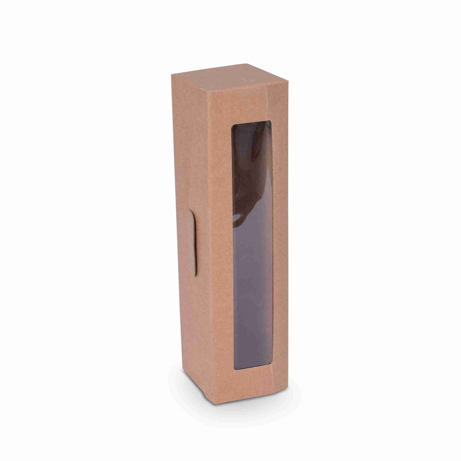 Model Geschenkbox Wellpappe braun – 95 × 380 × 90 mm – Klappdeckel, Sichtfenster – für 1 Flasche (max. H 380 m – 1 Palette (1'250 Stk.)