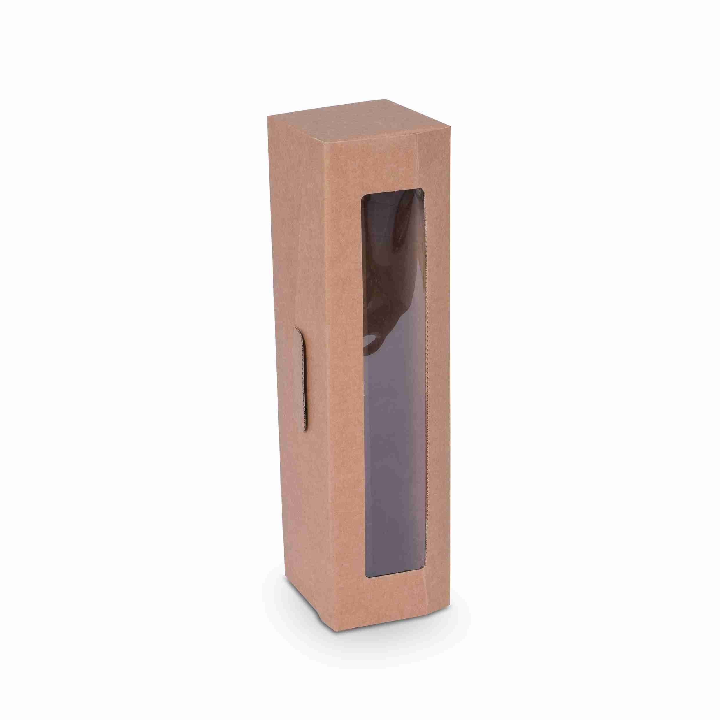 Model Geschenkbox Wellpappe braun – 95 × 380 × 90 mm – Klappdeckel, Sichtfenster – für 1 Flasche (max. H 380 m – 1 Palette (1'250 Stk.)