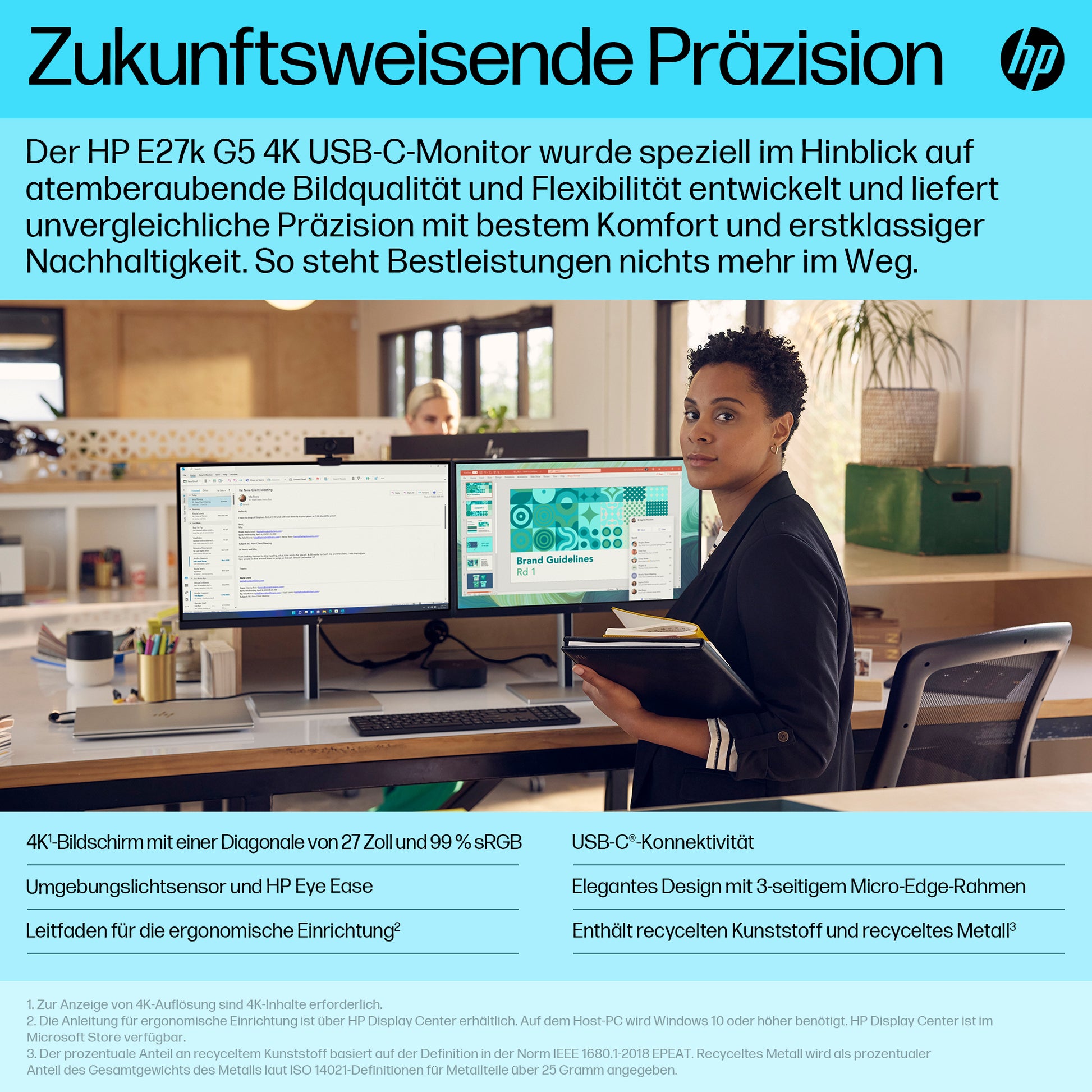 HP E27k G5 – Monitor, 27" 4K UHD (3840 × 2160), IPS, 60 Hz, 350 cd/m², USB-C, Lautsprecher, Schwarz/Silber