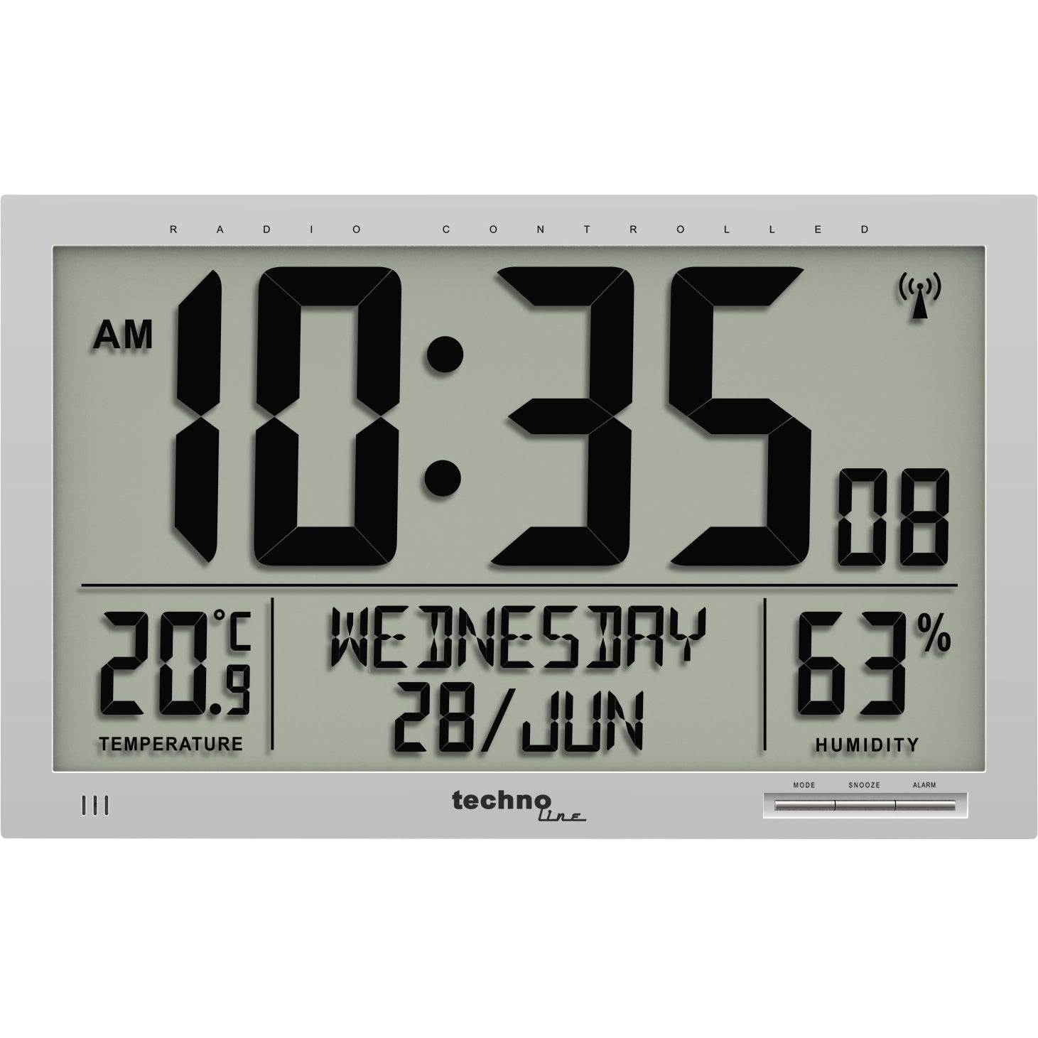 Technoline Digitale Wanduhr WS8013 – Funkgesteuert – 36,9 × 27 × 0,2 cm, Grau, Kunststoff