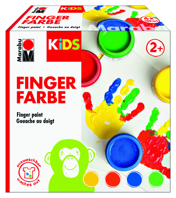 Marabu KiDS Fingerfarben – Blau/Grün/Rot/Gelb – 4 Farben, 4×100 ml (400 ml) – für Papier, Holz, Glas