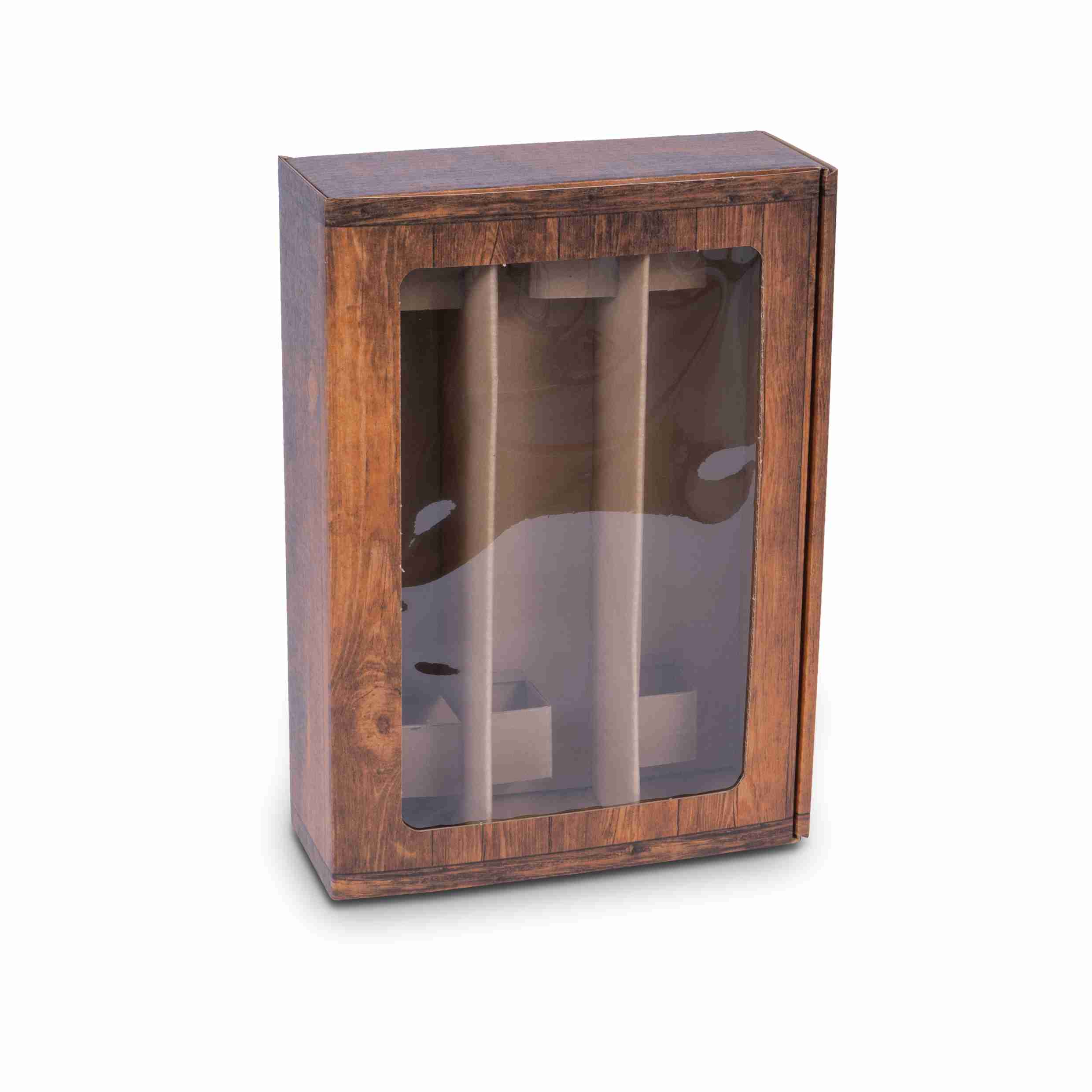 Model Weinpräsentkarton Holzoptik, Wellpappe – Innenmass 250 × 360 × 90 mm – für 3 × 0,75 l Flaschen – 1 Stk., ab 20 Stk.