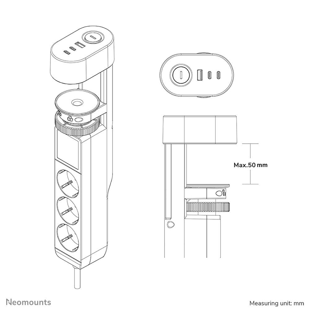 Neomounts DS22-840WH6 – Tischsteckdose, 3×230 V, 2× USB-A, 2× USB-C (Power Delivery), 1,4 m, Weiss