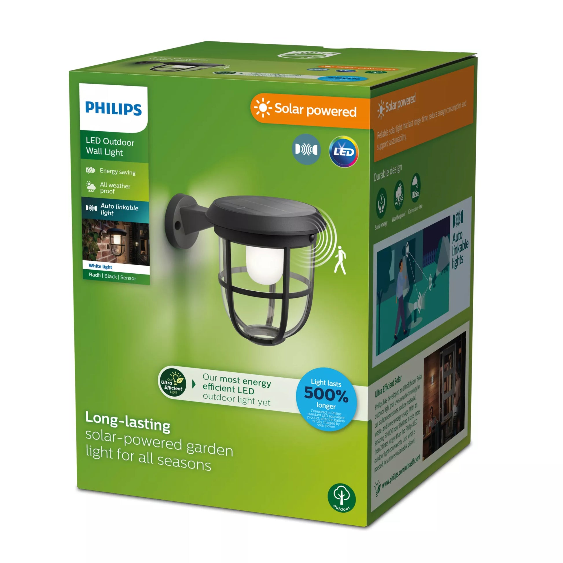 Philips by Signify Philips Aussenwandleuchte – Warmweiss, 3000 K, IP44, Solarbetrieb, mit Bewegungsmelder, Schwarz, Kunststoff