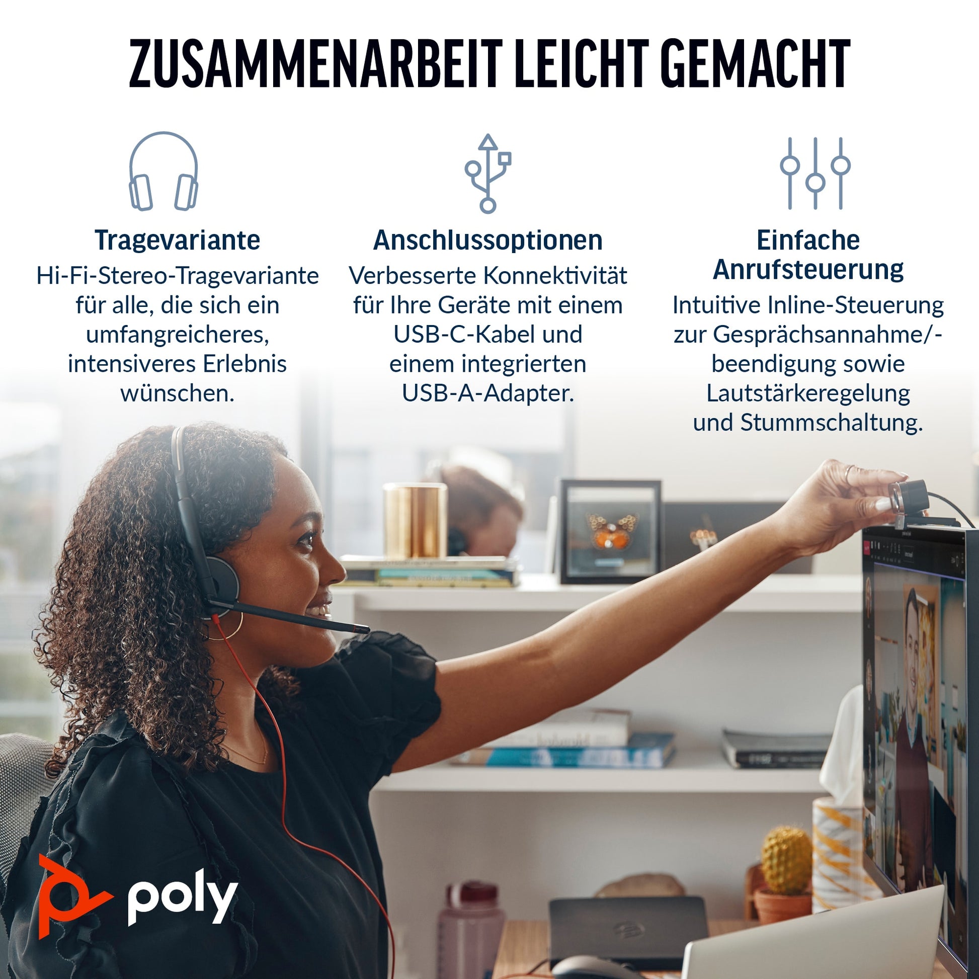 Poly Blackwire C3220 Office-Headset – On-Ear, Stereo, Kabel, USB-C, Schwarz