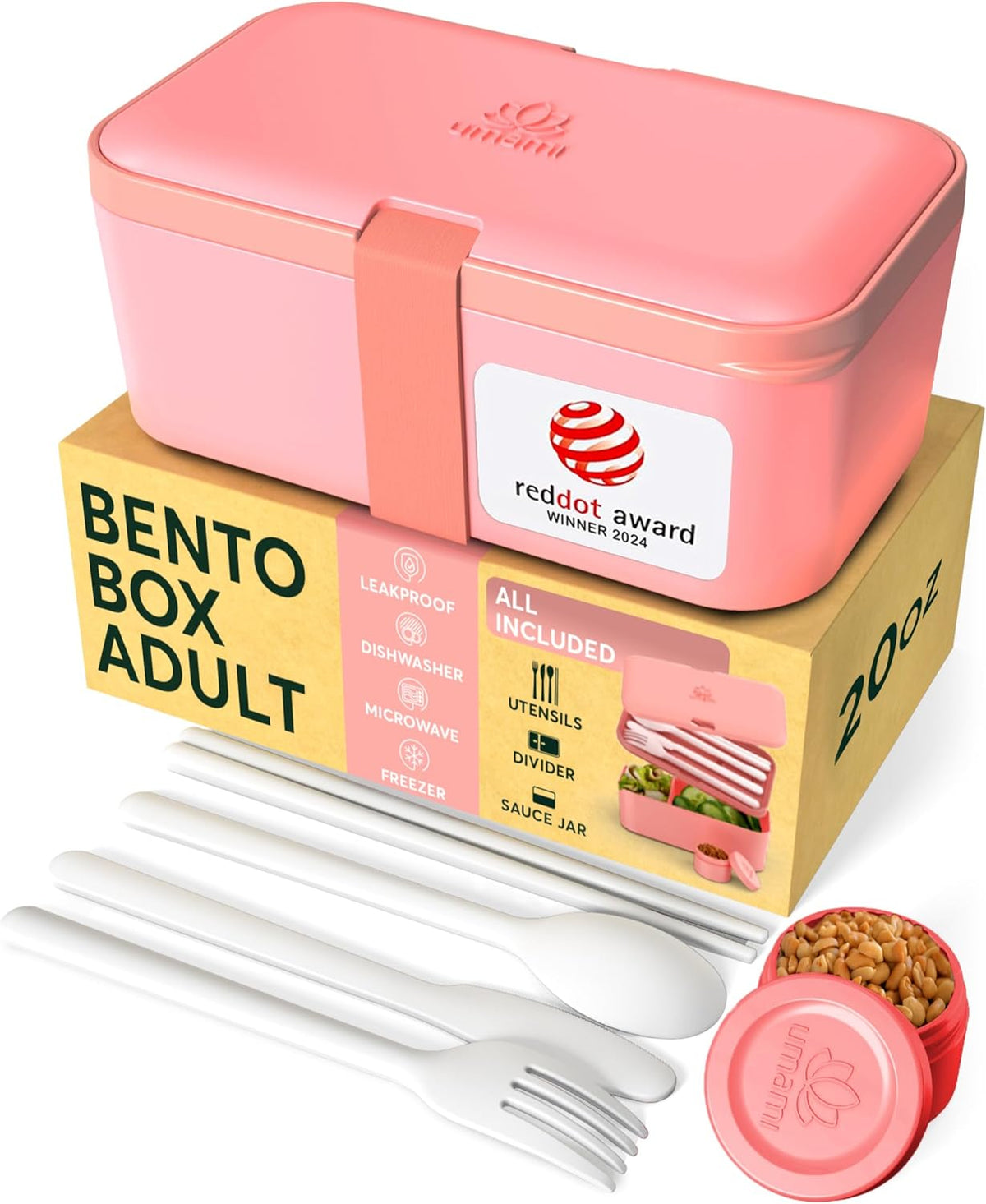 Umami Lunchbox 1,5 L, 11 × 18,2 × 7 cm, Polypropylen (PP), Rosa, 4-teilig, leckdicht