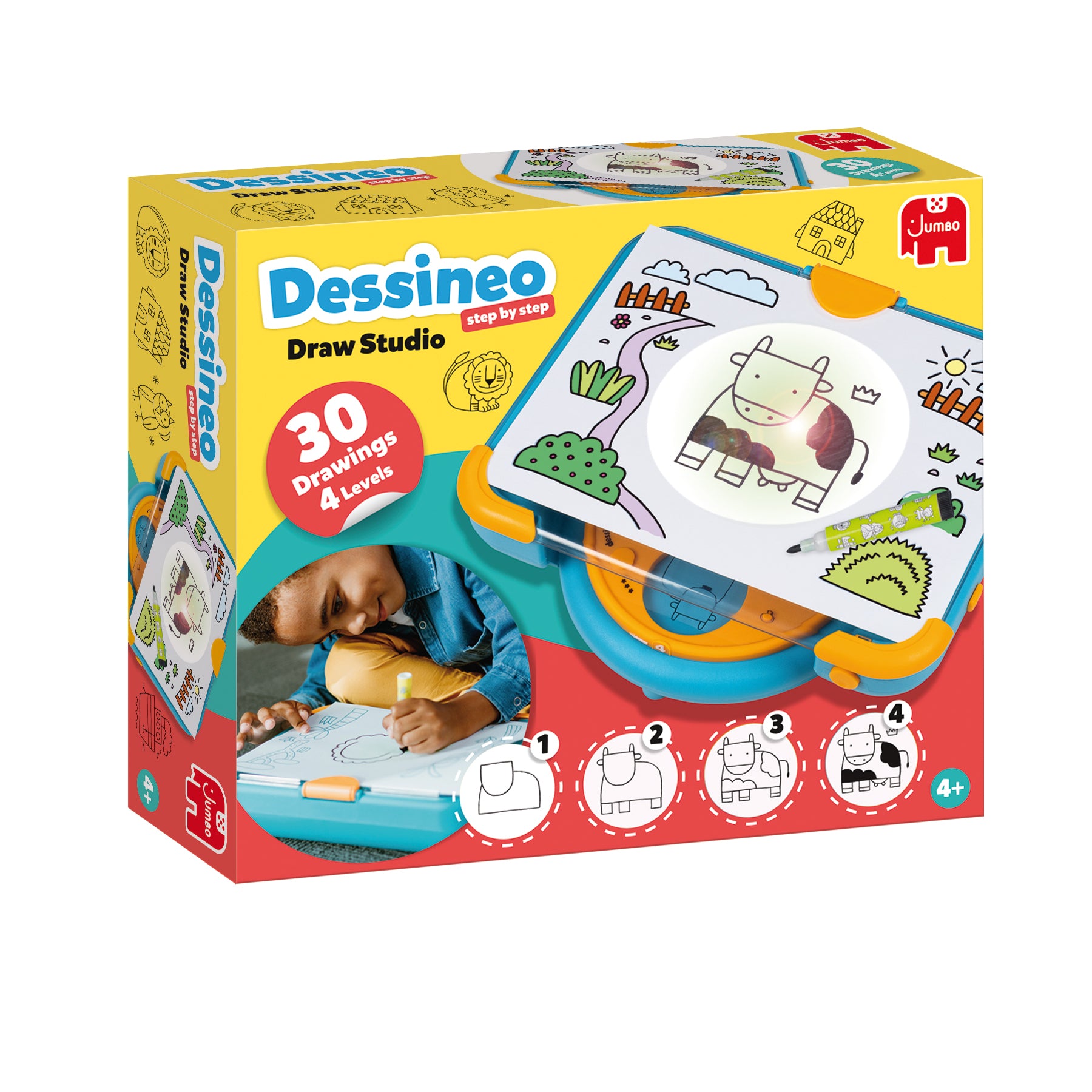 Jumbo Dessineo – Mal-Set für Kinder, sortiert, mit Zeichenplatte, 30 Schablonen, 1 schwarzer Stift