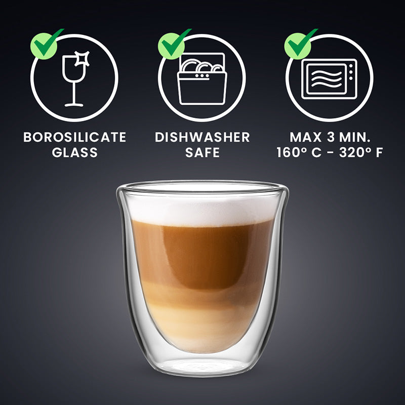Bialetti Cappuccinotasse – 2er Set, 200 ml, Borosilikatglas, Transparent, doppelwandig, mikrowellengeeignet