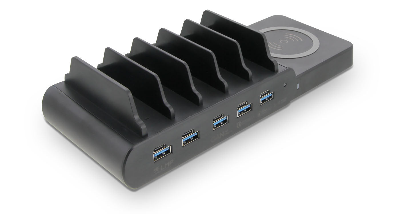 LMP DuoCharge USB-Desktop-Ladegerät 150 W – USB-C×5, USB-A×1 – GaN, Qi2-Ladepad – Schwarz