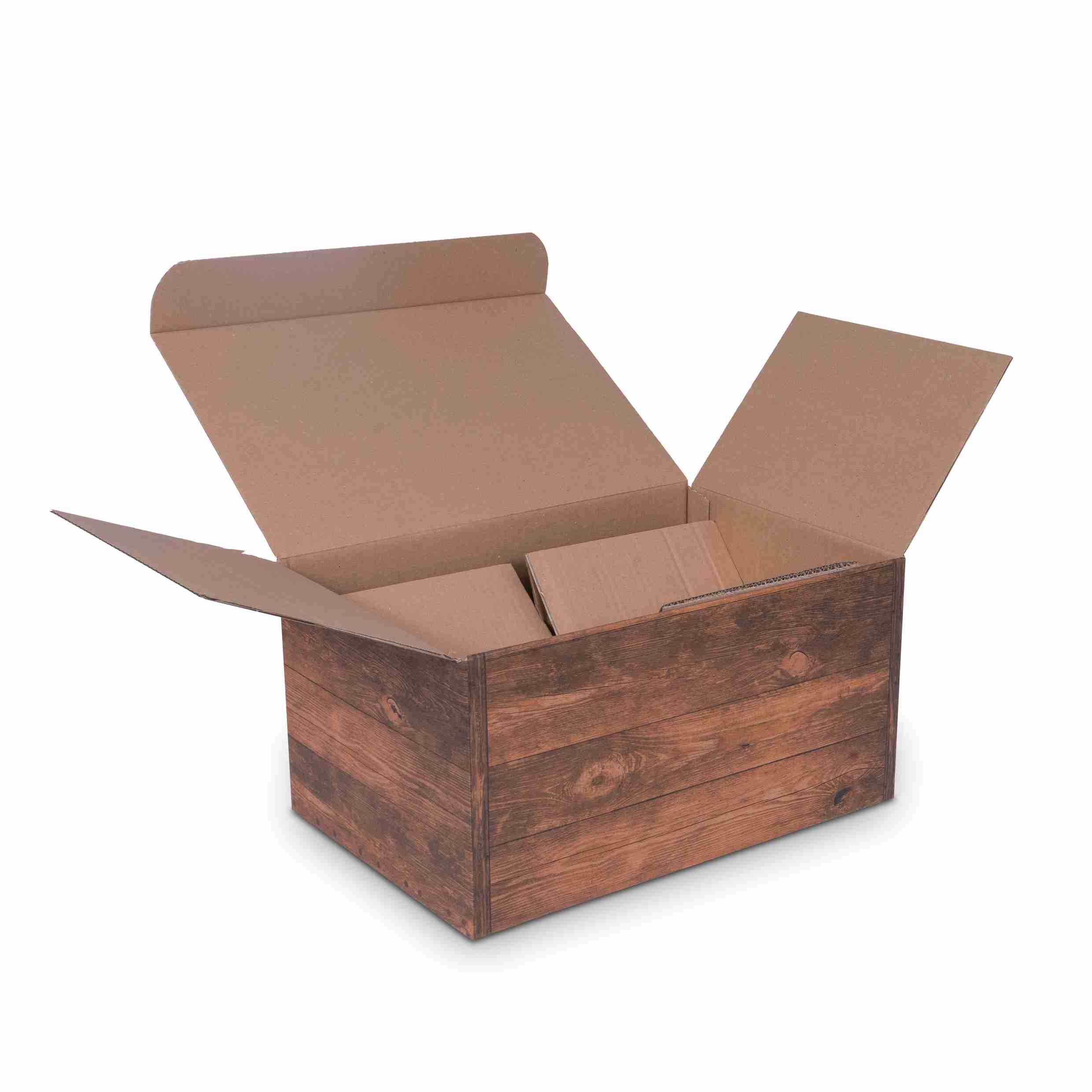 Model Weinpräsentkarton holzfarben – Innenmass 255 × 380 × 195 mm – für 6 Flaschen – 1 Palette (400 Stk.)