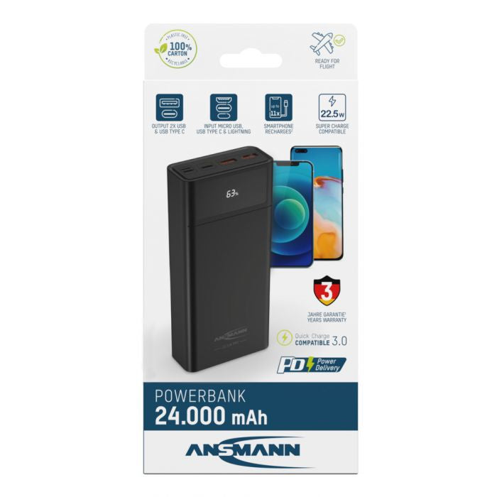 Ansmann Powerbank 24000 mAh, PD 22,5 W, 1× USB-C, 2× USB-A, mit LED-Display, für Smartphones, schwarz