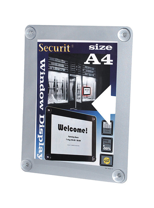 Securit Plakatrahmen PFW-A4-GY – für A4 – doppelseitig – mit 4 Saugnäpfen – grau – Kunststoff