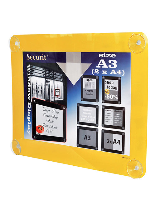 Securit Plakatrahmen – für A3 – mit 4 Saugnäpfen – gelb – Kunststoff – 540×415×10 mm