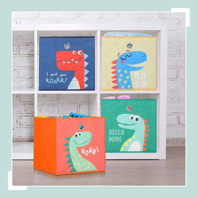 Relaxdays Aufbewahrungsbox Dinosaurier – ohne Deckel – mehrfarbig (blau, grün, gelb, orange) – Set 4-teilig –